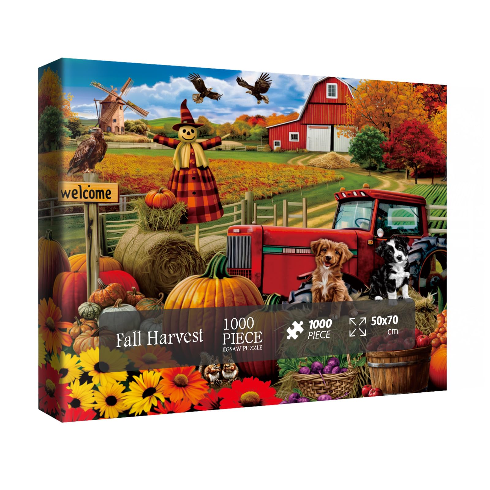 Halloween Barn Puzzles for Adults 1000 Pieces, Fall Scarecrow Pumpkin Funny Dogs Jigsaw Puzzles, Autumn Holiday Bird Flower Anim