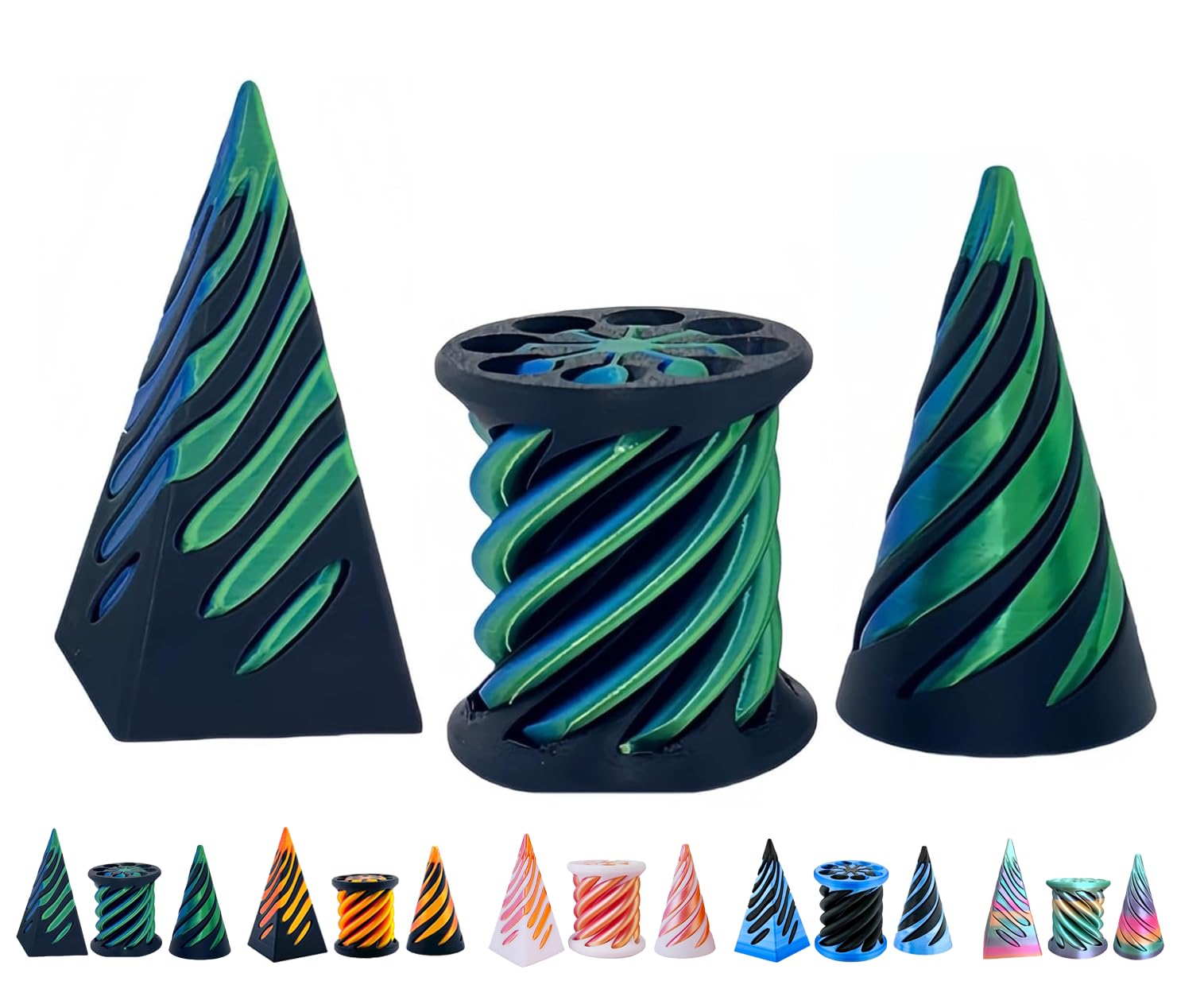 Schythely 3D Printed Spiral Fidget Toy - Green Black Plastic Pyramid S ...