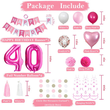 Sweet 40Th Birthday Decorations For Women, Pink And White 40 Happy Birthday Balloons, 40Th Birthday Party Supplies Including Pin