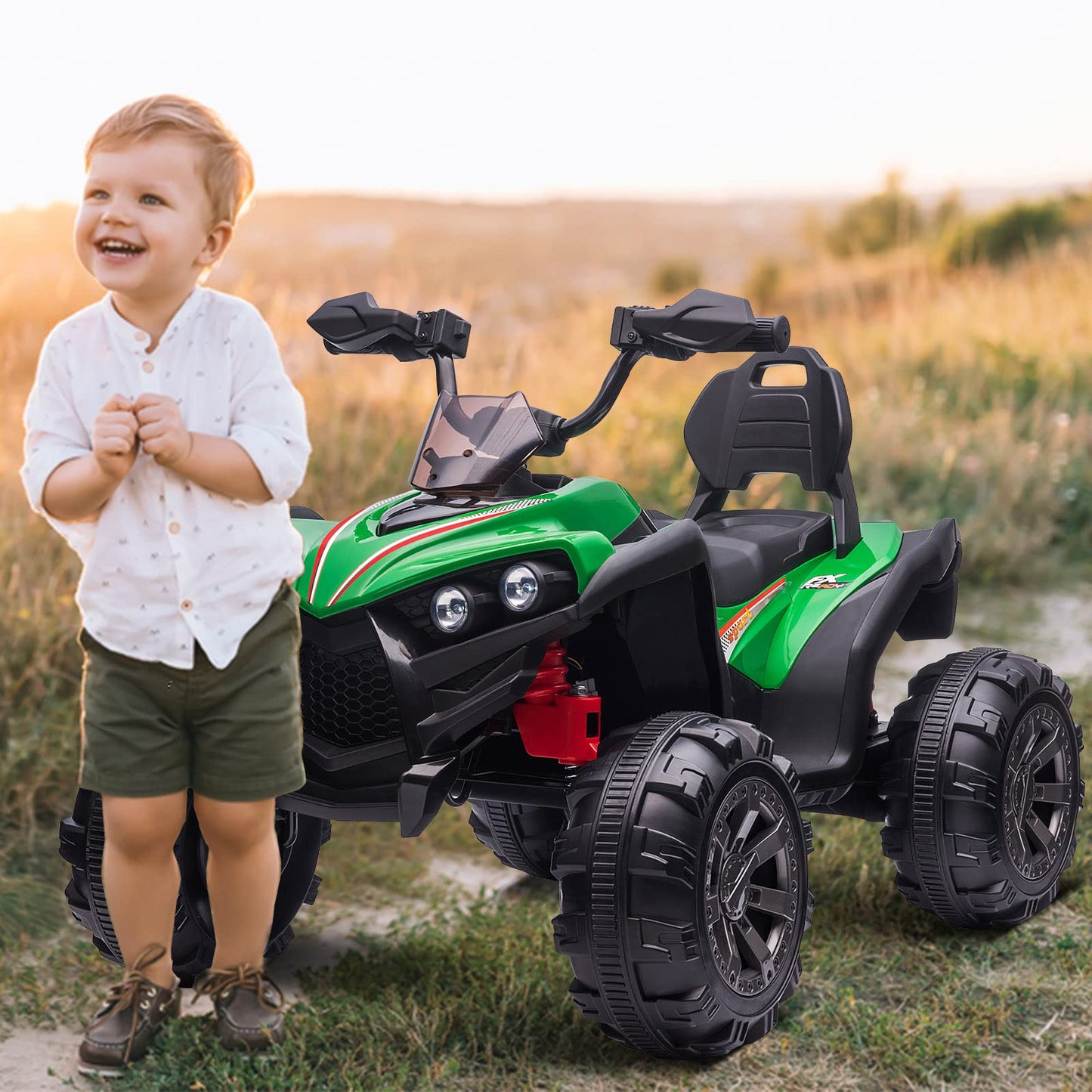 OTTARO Ride on ATV 2 Seater, 12V 4 Wheeler Electric Quad for Kids 3-8 w/ 17 Length Seat, LED Lights, 2 Speeds, Soft Braking, Rea