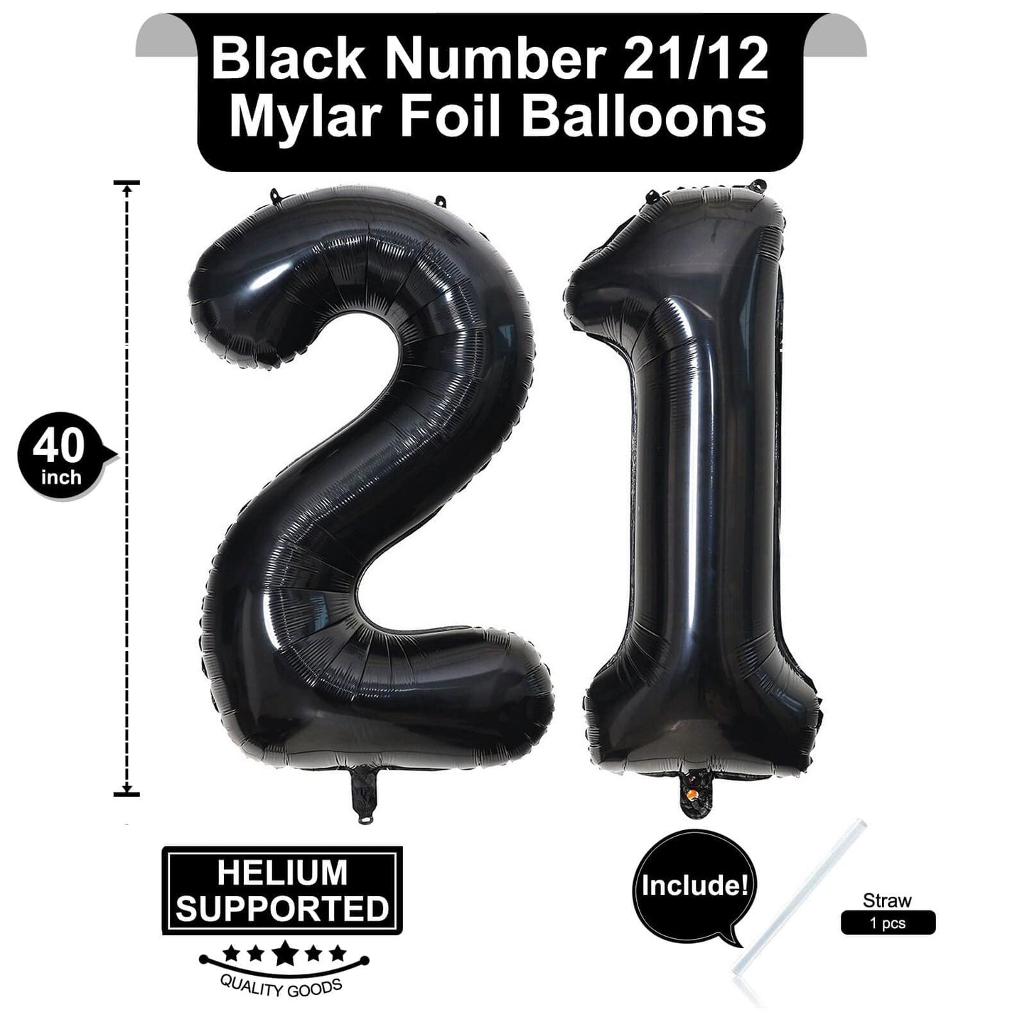 LHOAVWE 40 Inch Black Number Balloons - Jumbo 12 & 21 Foil Mylar Helium Birthday Party Decorations