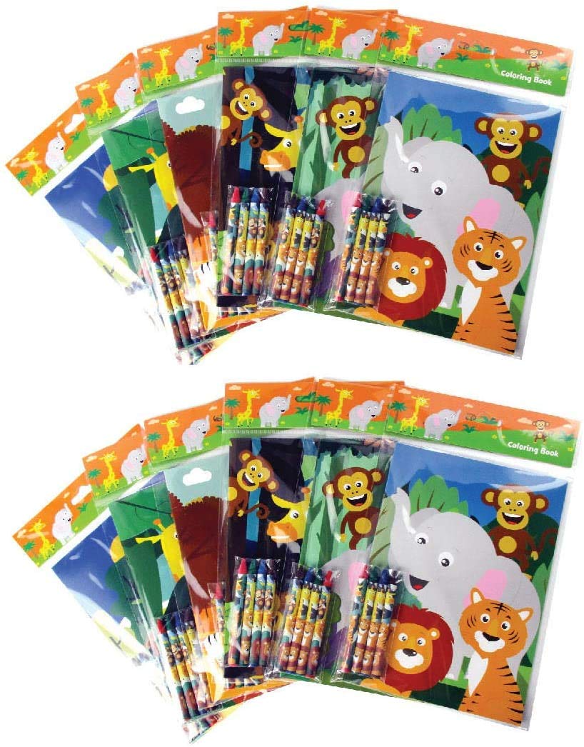 TINYMILLS Safari Zoo Animals Coloring Book for Kids with 12 Coloring Books and 48 Crayons Fun Jungle Book Animals Birthday Party
