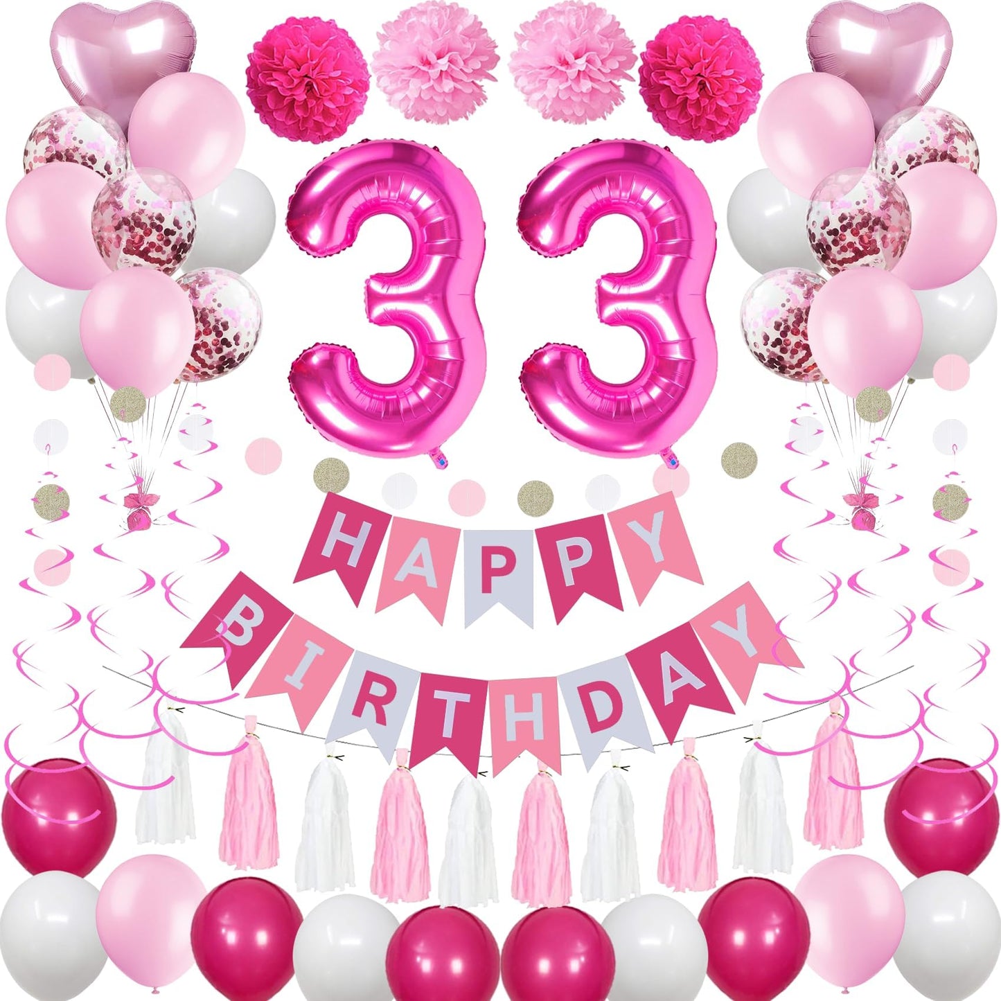 Sweet 33Rd Birthday Decorations For Women, Pink And White 33 Happy Birthday Balloons, 33Th Birthday Party Supplies Including Pin