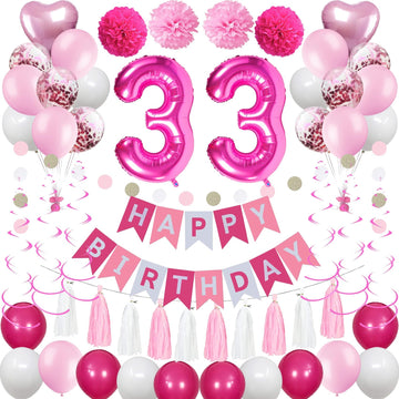 Sweet 33Rd Birthday Decorations For Women, Pink And White 33 Happy Birthday Balloons, 33Th Birthday Party Supplies Including Pin