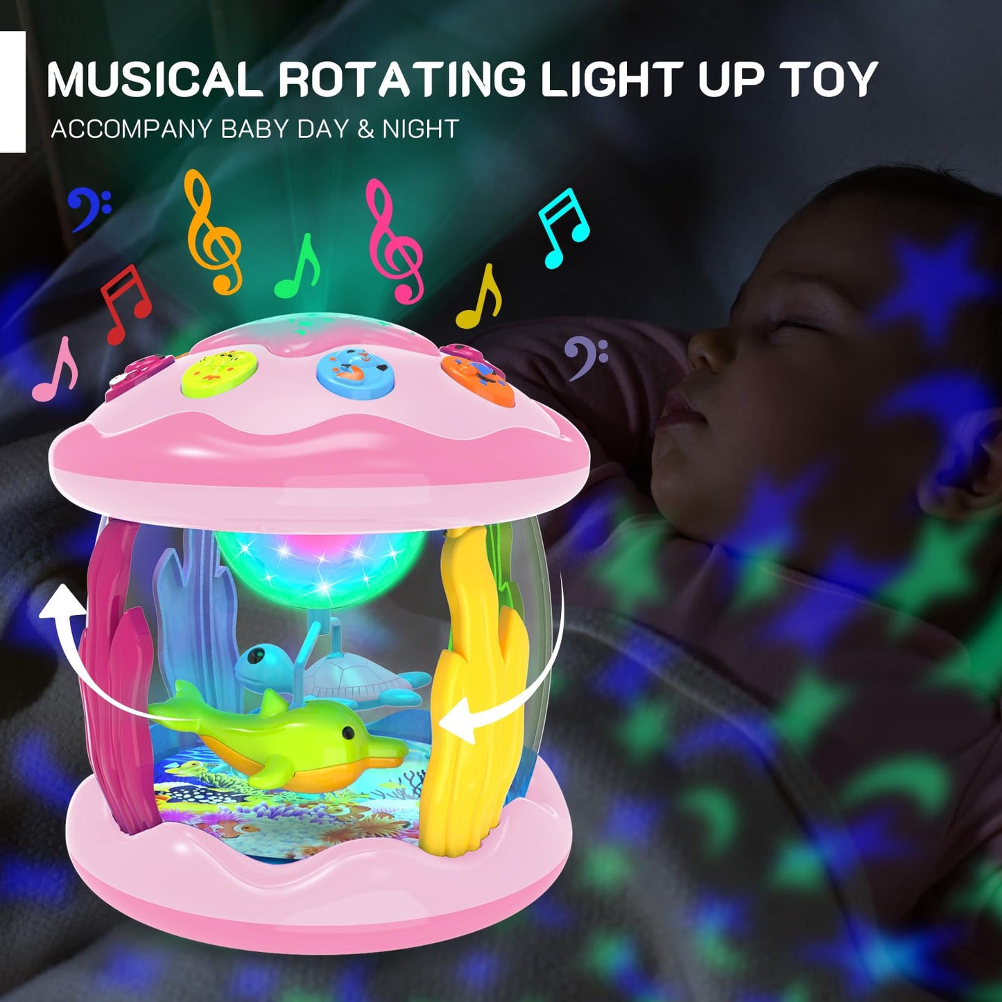 Baby Toys 6-12 Months - Musical Light Up Rotating Toys, Pink Ocean Projector For Infant 9-12-18 Month, Learning Visual & Hearing & Crawling Skill, Birthday Gifts For Toddler Boys Girls 1 2 3 Years Old