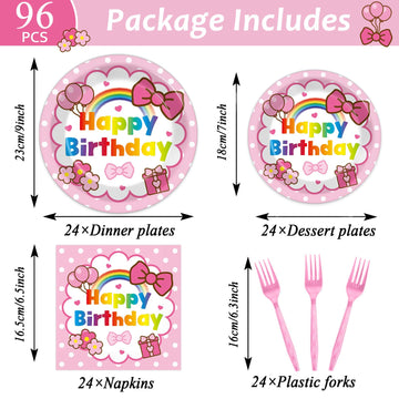 96Pcs Pink Cat Birthday Party Supplies Cartoon Cute Cat Paper Plates and Napkins Pink Bow Rainbow Disposable Tableware Set for B