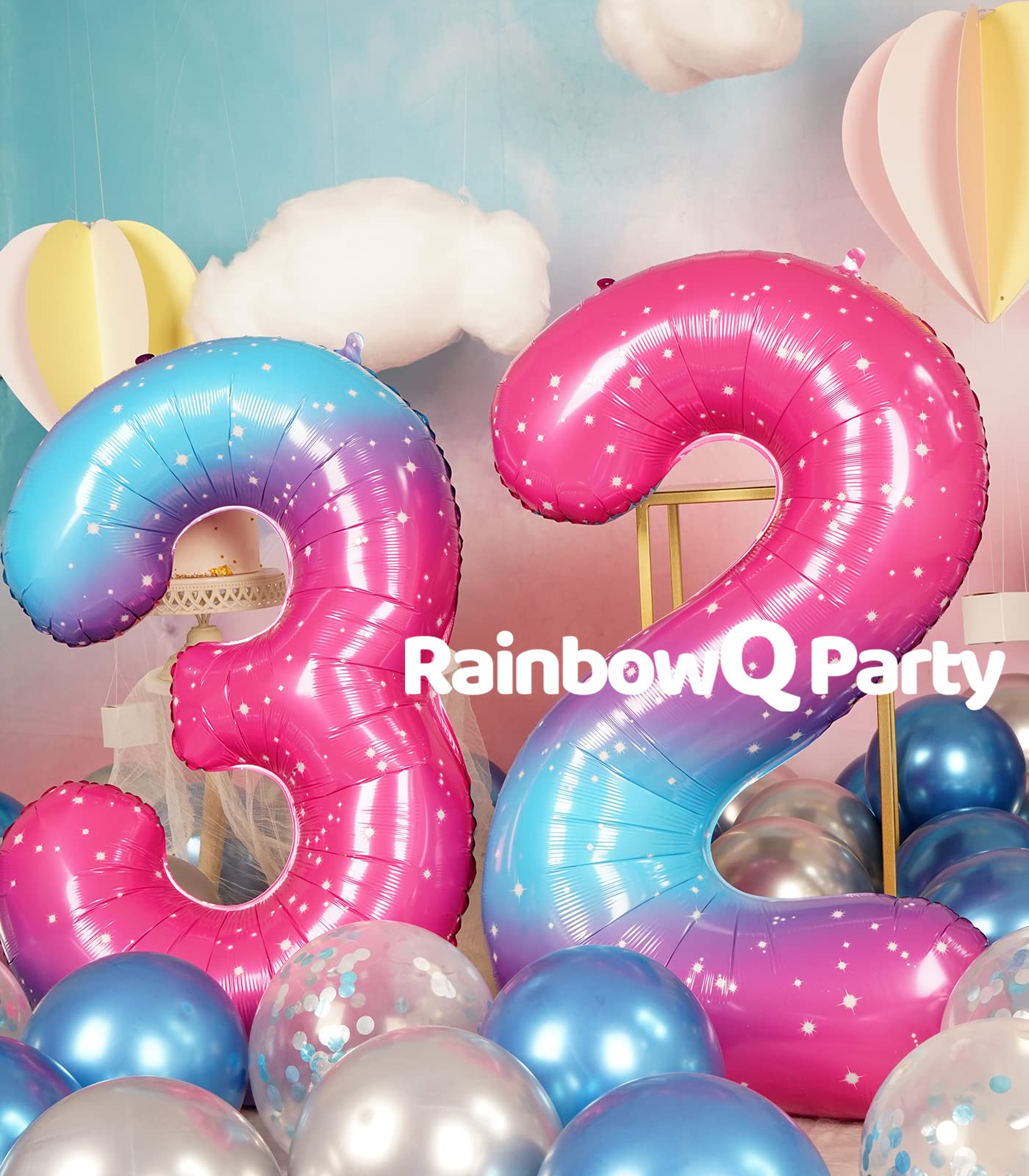 Rainbowq 32 Number Balloons 40 Inch For Women Big Starry 0-9 Foil Mylar Large Number Balloons 23 Happy 32Nd Birthday Party Anniv