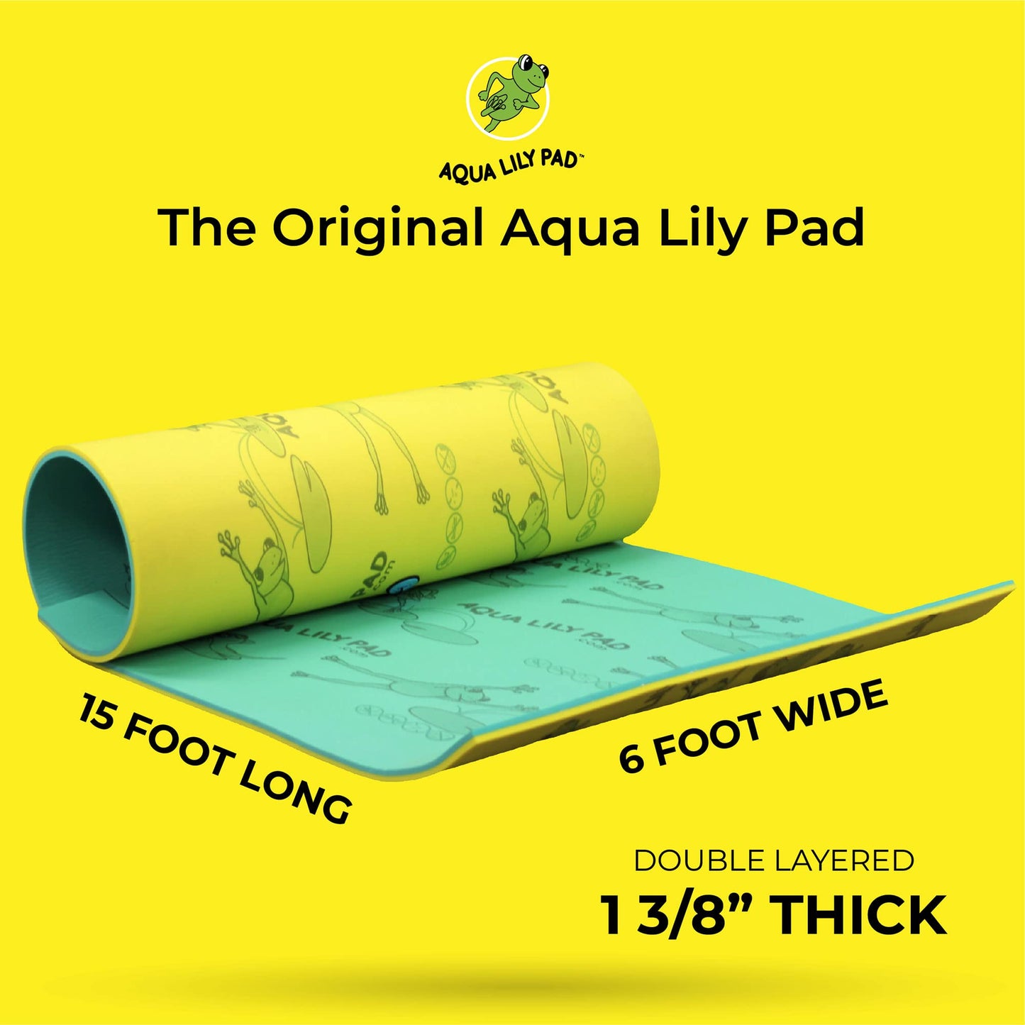 Aqua Lily Pad 15' Floating Foam Island Mat - Large Water Playground, Green/Yellow, with Storage Straps and Pad Protectors