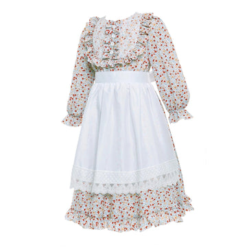 Vibsion Girls Pioneer Prairie Costume Pilgrim Dress Kids Floral Colonial Village Girl Costumes Bonnet Apron Set 3Pcs XL