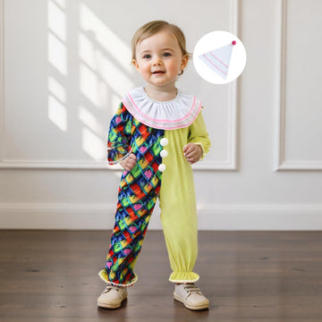 Thorn Tree Toddler Halloween Outfits Baby Boy Girl Clown Costume Contrast Color Long Sleeve Jumpsuit Hat Smocked Outfits (Yellow