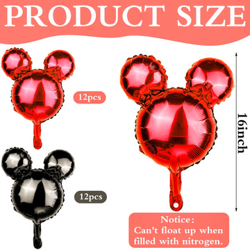 24 Pcs Mouse Head Foil Balloons Red Mouse Birthday Mylar Balloons Party Supplies Kit Black Mouse Aluminum Foil Balloon For Kids