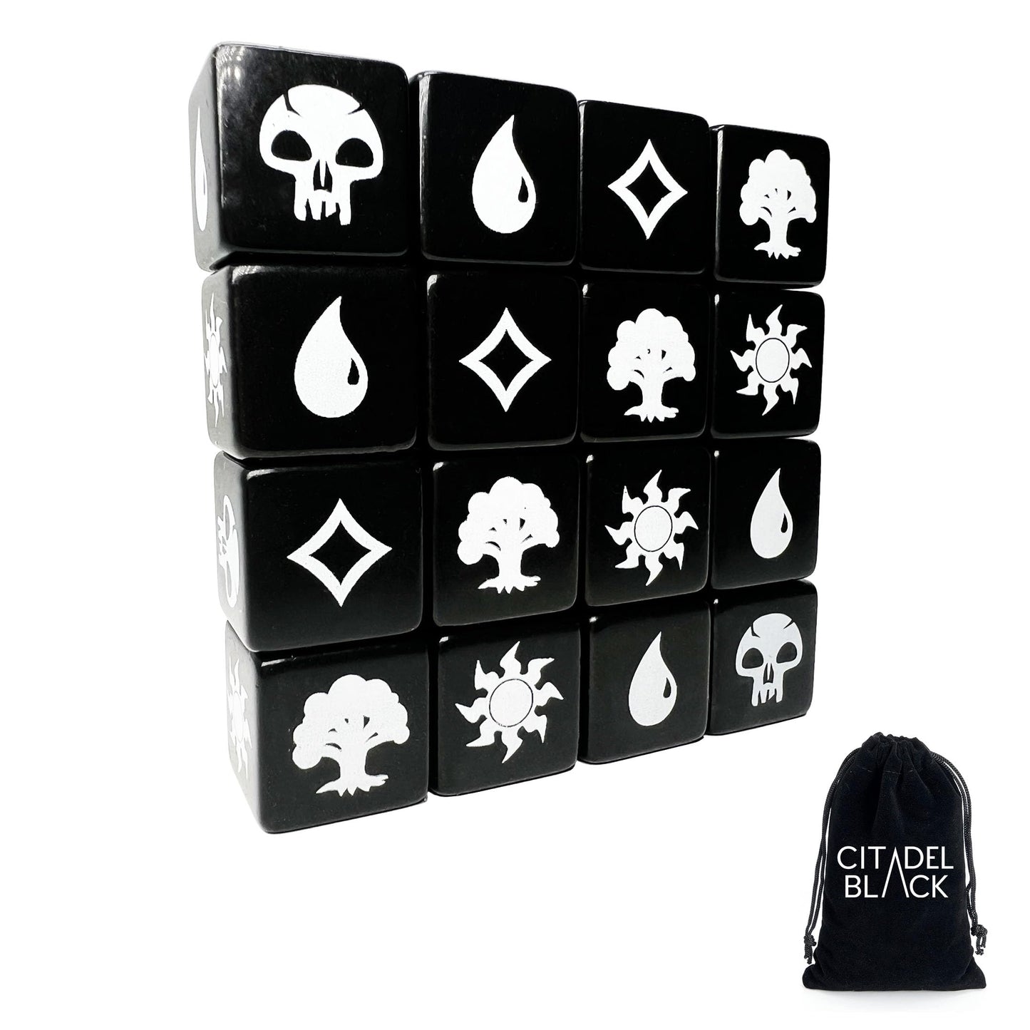 Citadel Black Mtg Mana Dice Set Of 16 Premium Dice – With Velvet Drawstring Pouch, Magic: The Gathering