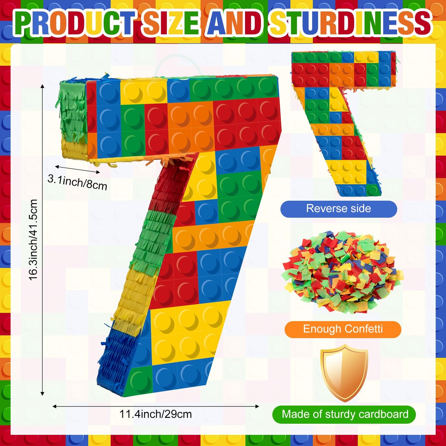 RoundFunny Number 7 Building Blocks Piata 16.5 Inch Piata Party Supplies 7th Birthday Party Decorations Piata with Confetti Bloc