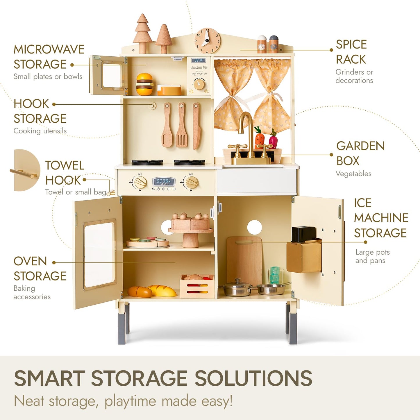 Giant Bean Wooden Play Kitchen, Toddler Kitchen Playset, With Microwave Play Sink Ice Maker Oven Cookware Accessories Playset, P