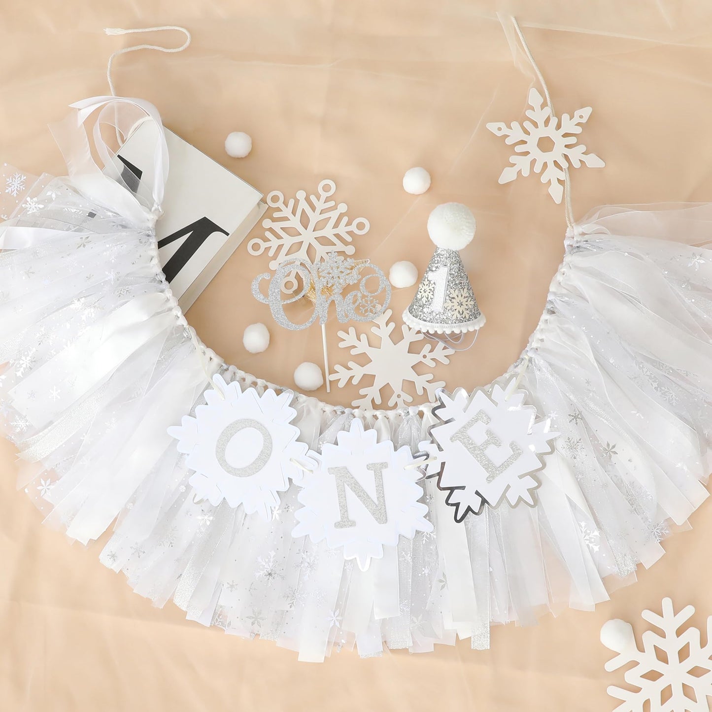 HODIHIWI Snowflakes One First Party Decorations White High Chair Banner 1st Crown Cake Topper 1st Birthday Decor
