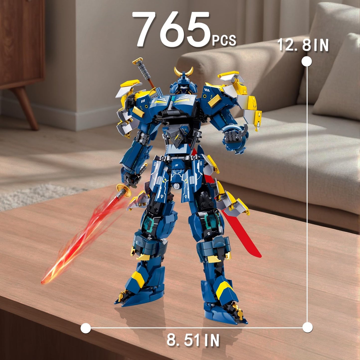 HIGH GODO Samurai Mech Warrior Building Set - 765PCS Blue Plastic Model Kit with Openable Cockpits for Ages 12+