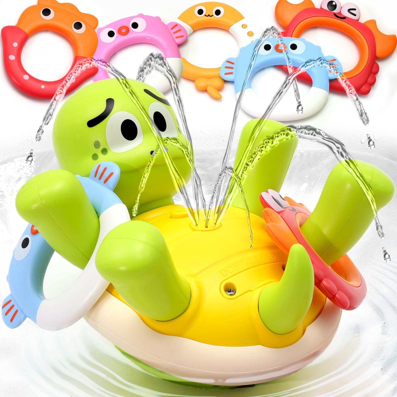 Sizobi Baby Bath Toys, Rechargeable Turtle Bath Toy Sprinkler For Kids Toddler With 5 Rings, Bathtub Fountain Spray Toy For Baby