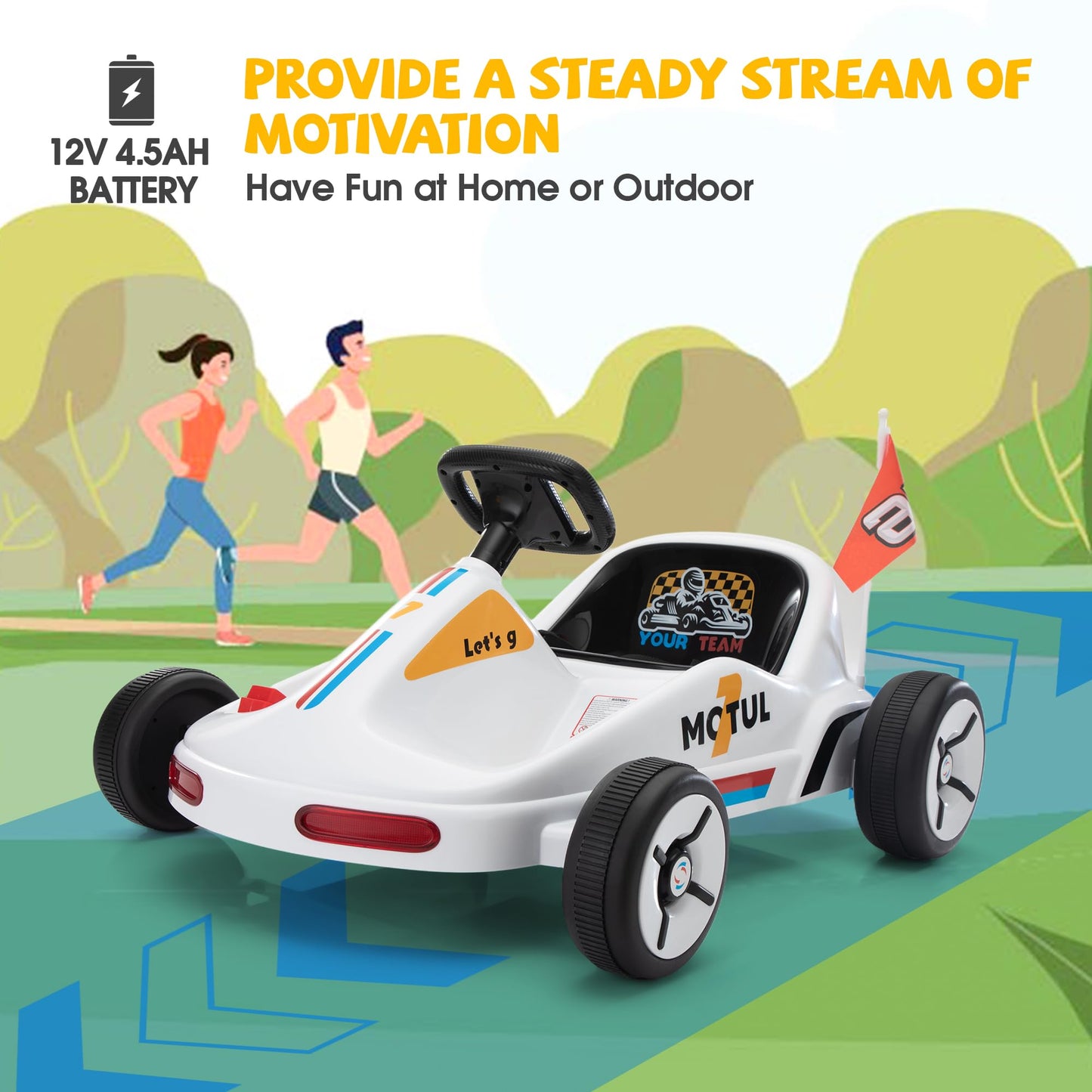 TOBBI Electric Go Kart for Kids, 12V Ride on Car Outdoor Pedal Race Toy with Music, Remote Control, Flashing Lighting, for 3-8 Y