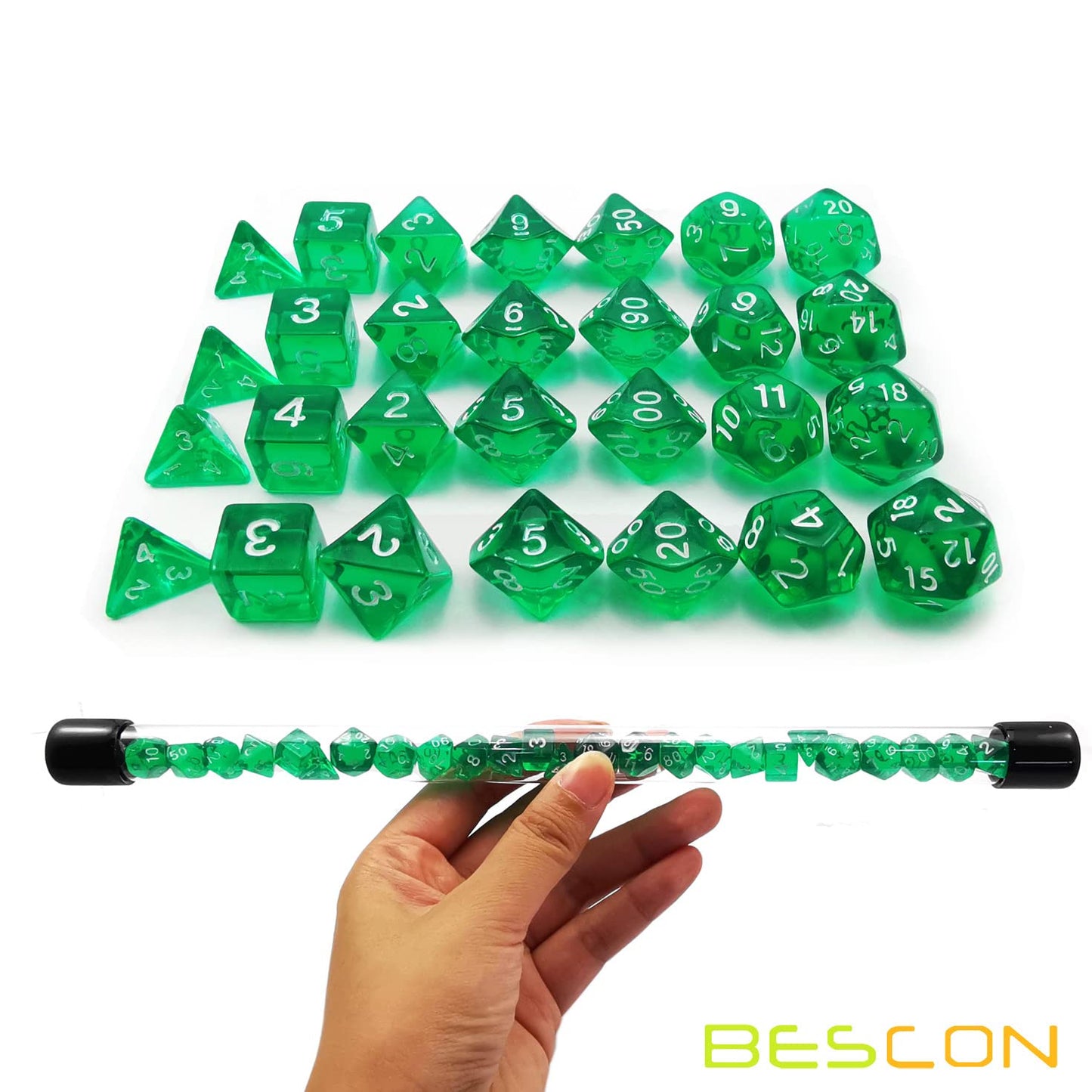Bescon 28pcs Translucent Green Mini Polyhedral Dice Set in Tube, Dungeons and Dragons RPG Dice 4X7pcs,Mini Gem Green Dice Set