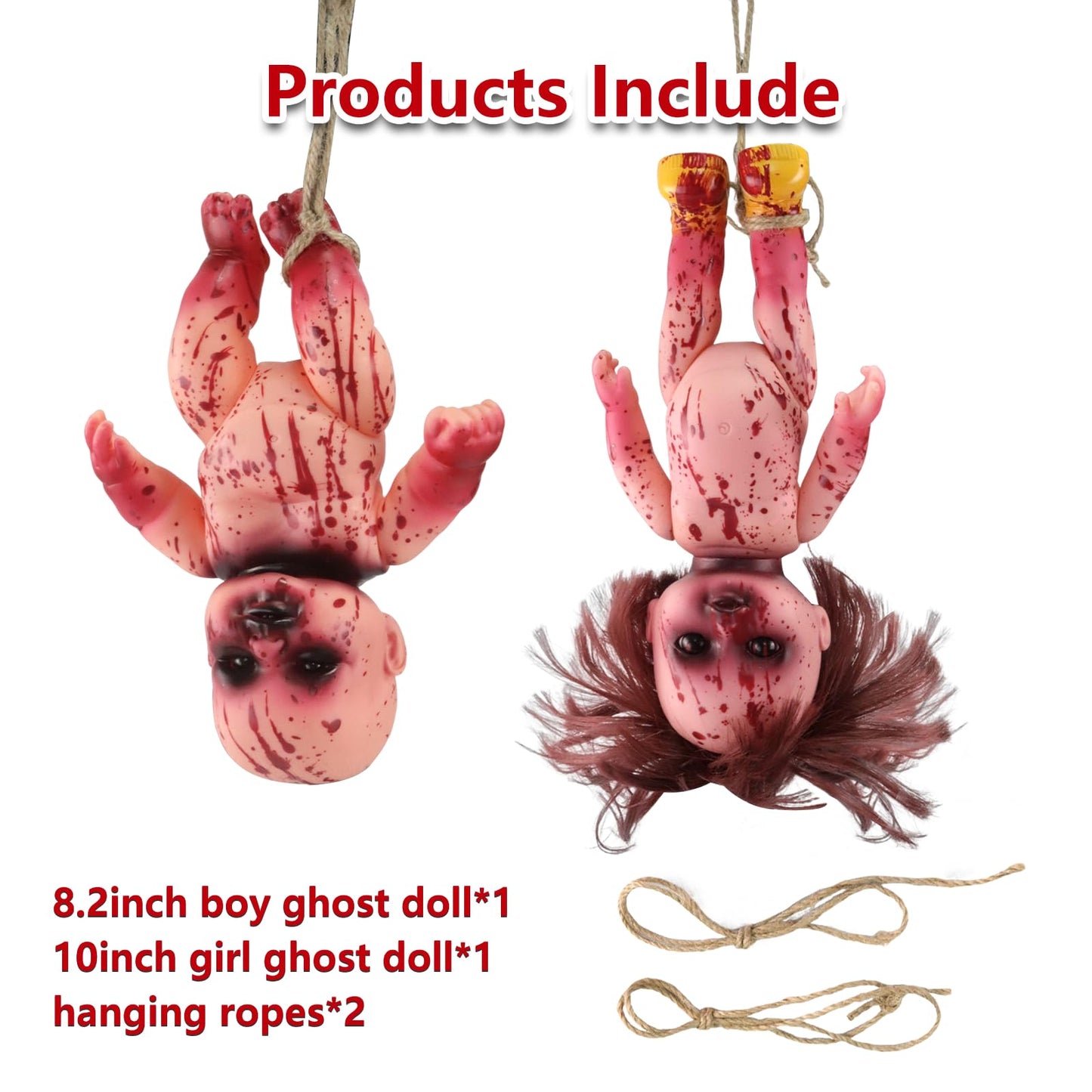 Yyplian 2Pcs Halloween Creepy Dolls,10 Inch Bloody Haunted Doll Scary Hanging Zombie Dolls With Rope,Halloween Scary Horror Deco