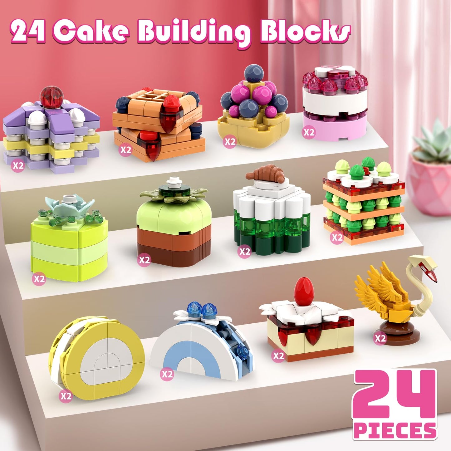 Uiseba Valentines Day Gifts For Kids Classroom/School,24Pcs Dessert Building Blocks And Valentines Cards,Toys For 3+ Years Old G