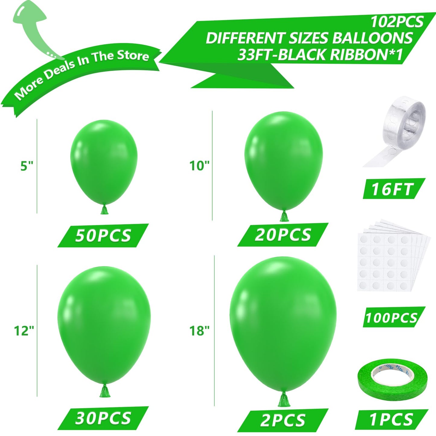 Nisocy Green Balloons Arch Garland Kit, 102Pcs 18In 12In 10In 5In Green Balloons Different Sizes For Birthday Wedding Baby Showe
