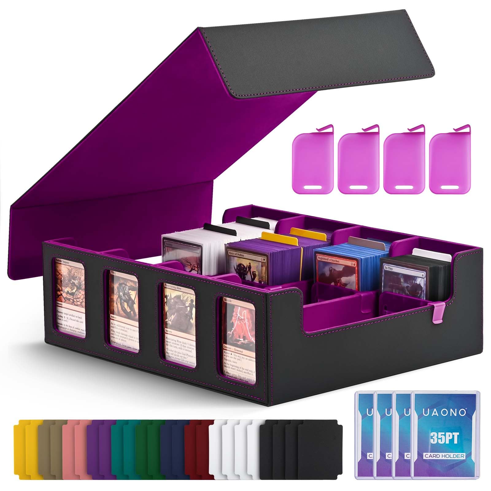 Uaono Trading Card Storage Box With Commander Display; 2400+ Deck Box For Mtg With Removable Cover; Toploader Card Case Fits Magic Tcg Ptcg Sports Cards; 24 Dividers, 4 Stoppers (Black, Purple)