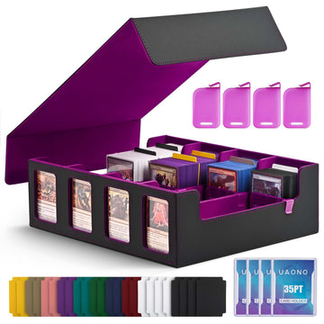 Uaono Trading Card Storage Box With Commander Display; 2400+ Deck Box For Mtg With Removable Cover; Toploader Card Case Fits Magic Tcg Ptcg Sports Cards; 24 Dividers, 4 Stoppers (Black, Purple)