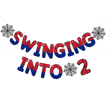 TaoBary Spider Theme 2nd Birthday Banner, Pre-strung Swinging into 2 Banner, Spider 2nd Birthday Decorations Party Supplies for 