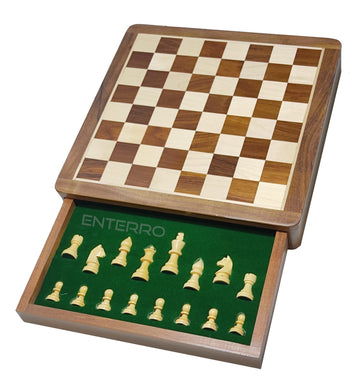 Enterro Wooden Drawer Chess Set 10 X 10 Inch With Magnetic Chessman Coins - Handcrafted Indoor Game & Travel Friendly For Kids A