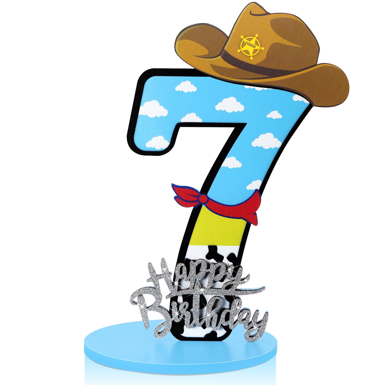 Vercraft Toy Theme 7th Birthday Party Number Centerpiece 11.8 Inch Cartoon Party Number Sign Blue Sky and White Cloud Cow Birthd
