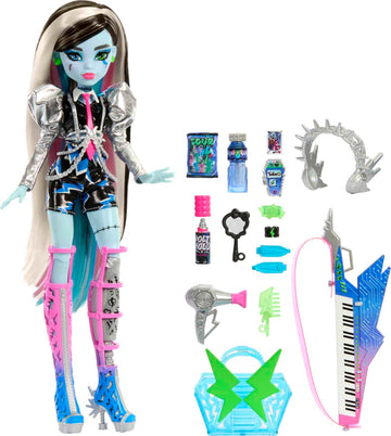 Monster High Amped Up Frankie Stein Doll - Rockstar with Headphones, Multicolor, Einheitsgröße, Model HNF84