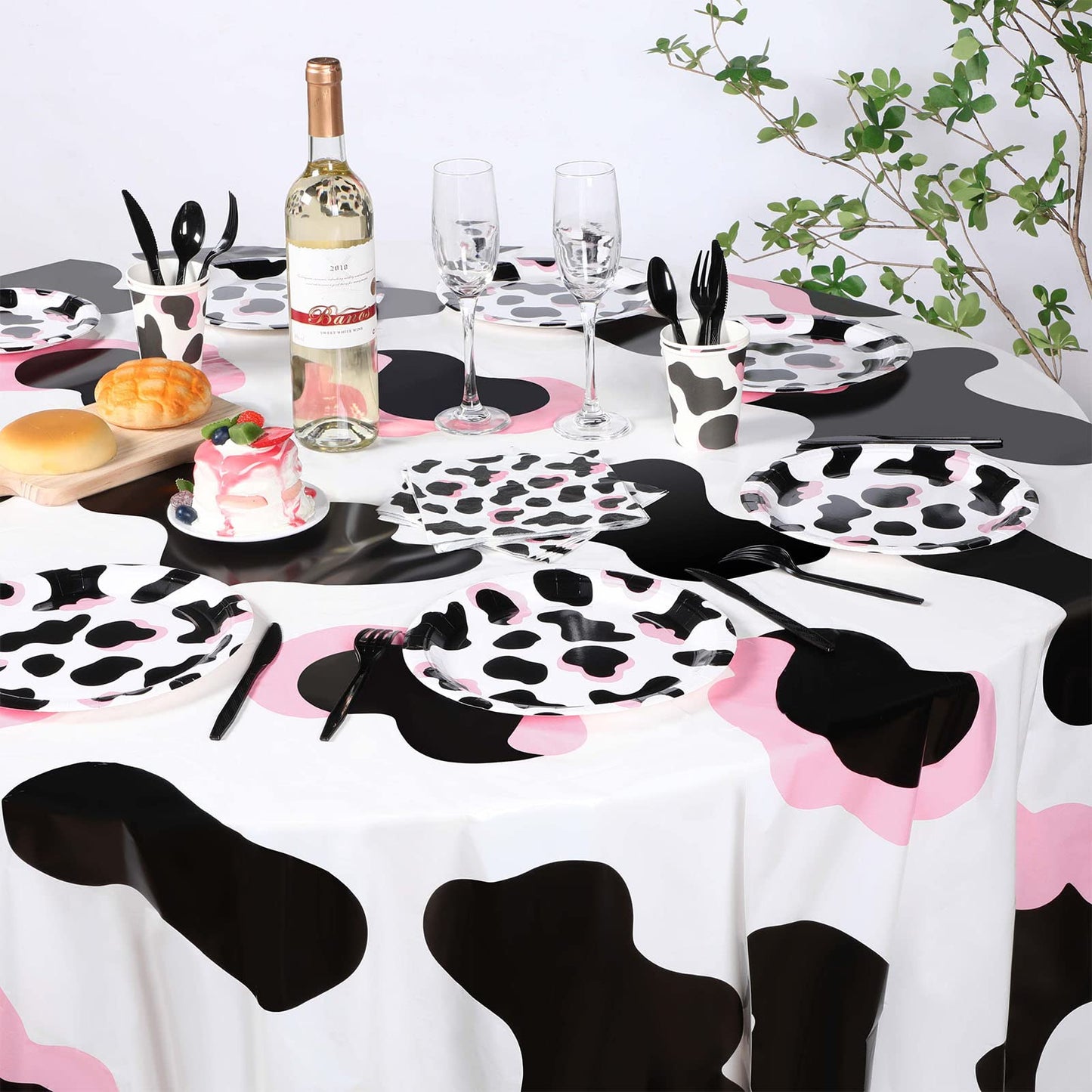 Oudain 3 Pcs Pink Cowgirl Cow Themed Table Cover Plastic Round Cow Themed Tablecloth 84 Inch Farm Animal Tablecloth Disposable B