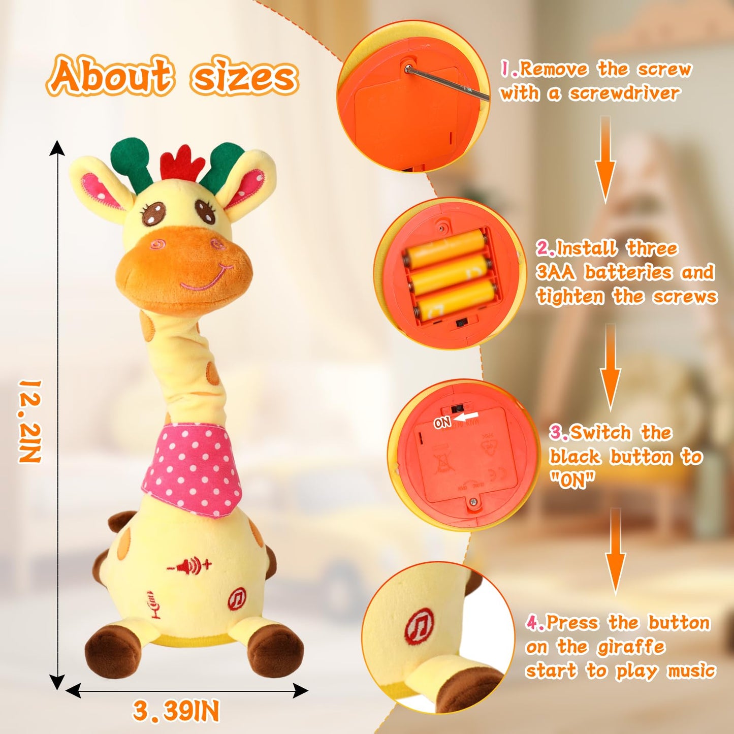 LUKETURE Dancing Talking Giraffe Toy - Plush Interactive Musical Toy for Kids, Repeats Speech, 10 Songs, Cute Gift, LKLU Model