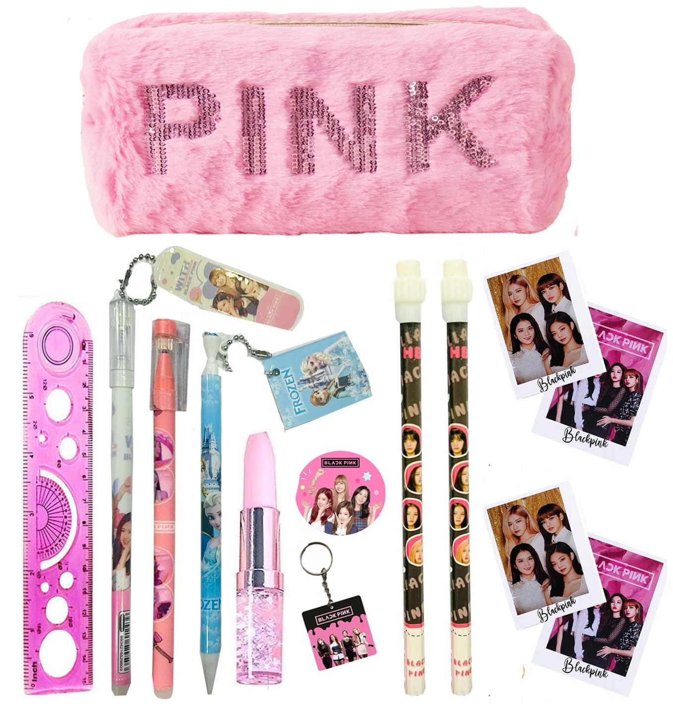14Ps Black Pink Theme Pen Pencil Keychain Badge For Girls Designer Stationeries With Cute Black Pink Fur Cotton Stationery Pouch