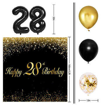 Happy 28Th Birthday Balloons Black Set Decor - Cheers To 28 Years Old Party Theme Garland Banner Backdrop Decorations For Women