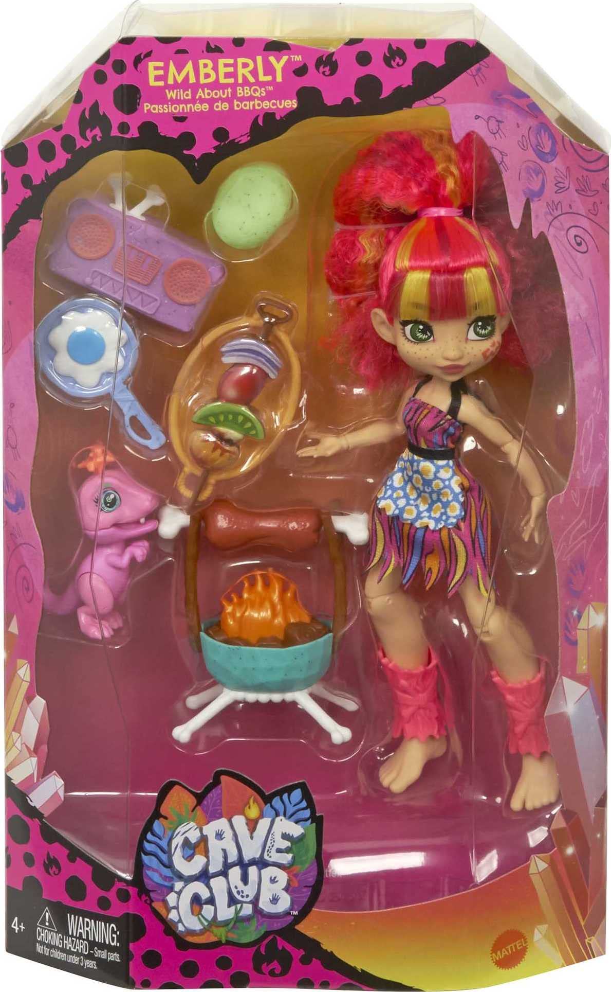 Mattel Cave Club Blazin' BBQ Adventure Playset with Emberly Doll (8 - 10-inch  Pink Hair)  Dinosaur Pet and Storytelling Accessories with Cooking Theme  Gift for 4 Year Olds and Up