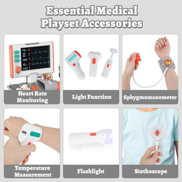deAO Doctor Kit for Kids Aged 3- 5, Toddlers Pretend Doctor Playset Role Play Toys with Cart Costume Stethoscope and Thermometer