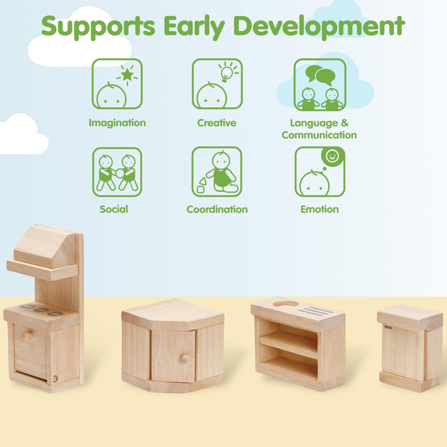 Plantoys Wooden Classic Line Of Dollhouse Furniture- Kitchen Set (9013) | Sustainably Made From Rubberwood And Non-Toxic Paints