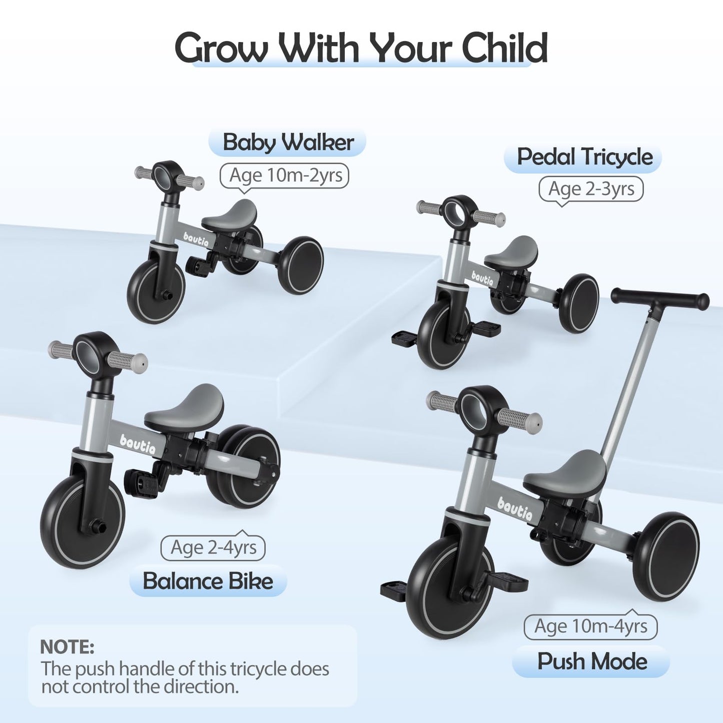 Bautia 5 in 1 Kids Tricycle for Toddlers 1-3 Baby Balance Bike Toy for 1-4 Years Old Boys Girls Gift with Push Handle & Removabl