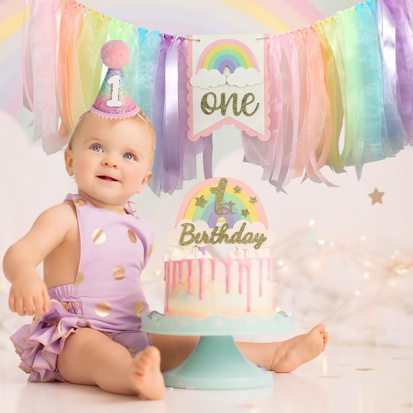 Macaron First Birthday Party Decorations Pastel Rainbow High Chair Banner Crown Cake Topper For Girl 1St Birthday Decor