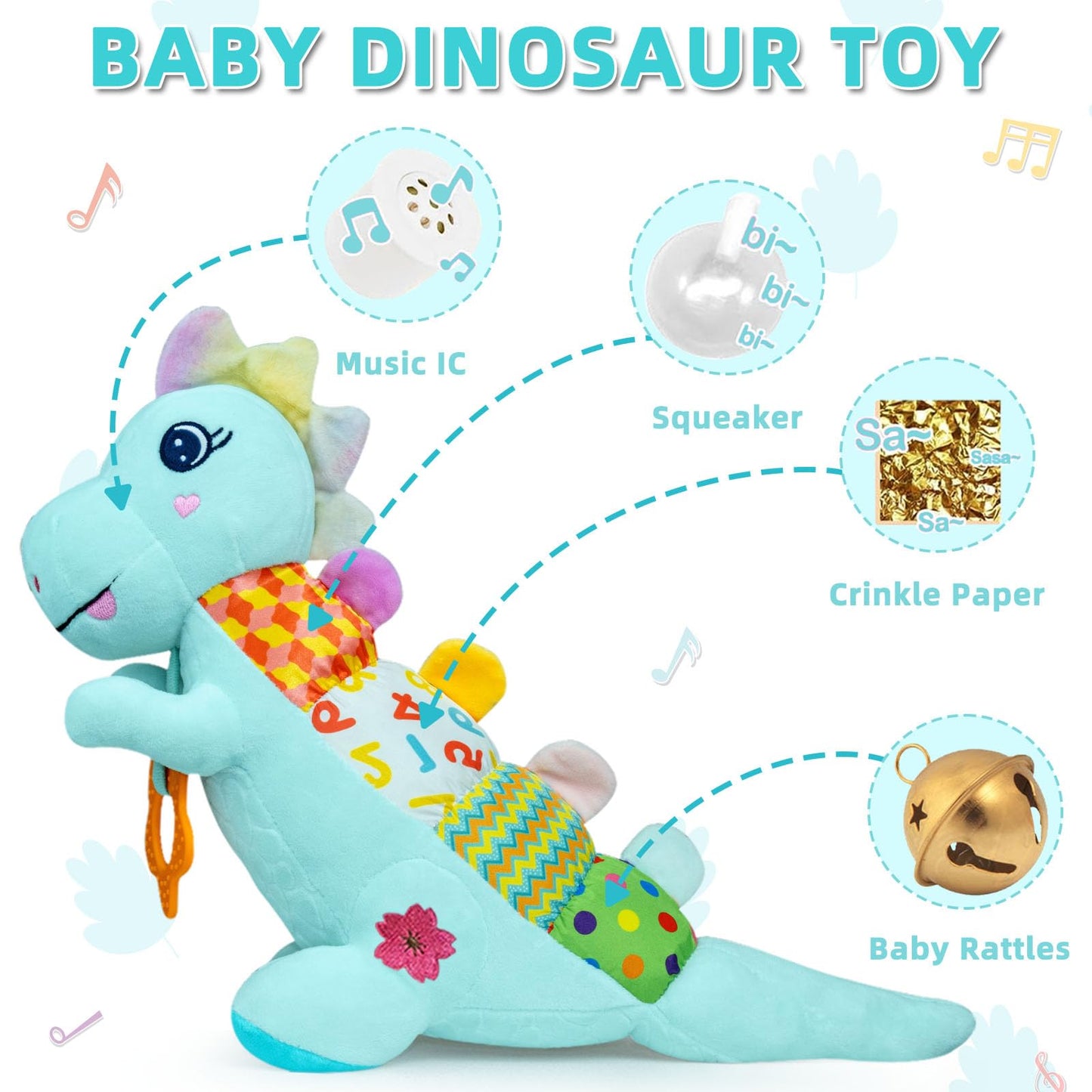 Baby Dino Musical Stuffed Animal Toys For 0-3-6-9-12 Months,Infant Dinosaur Tummy Time Toys With Crinkle Sound Paper,Teether,Tex