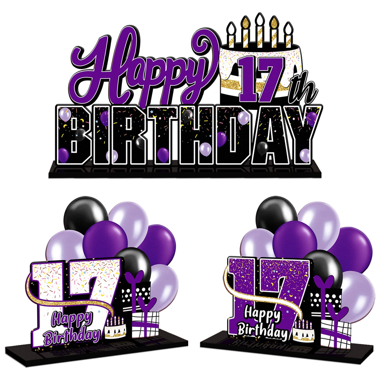 Lingteer Happy 17Th Birthday Purple Acrylic Table Topper Centerpieces Set - Cheers To Seventeen Years Old Birthday 17Th Bday Party Gift Decorations.