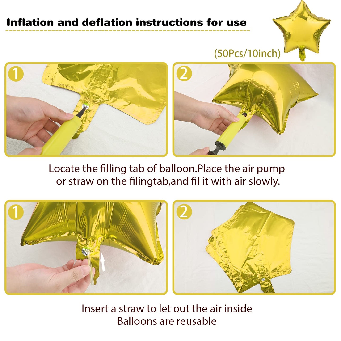 Moukiween Star Balloons,50 Pieces 10 Inch Gold Star-Shape Foil Balloons Mylar Balloons For Party Decorations