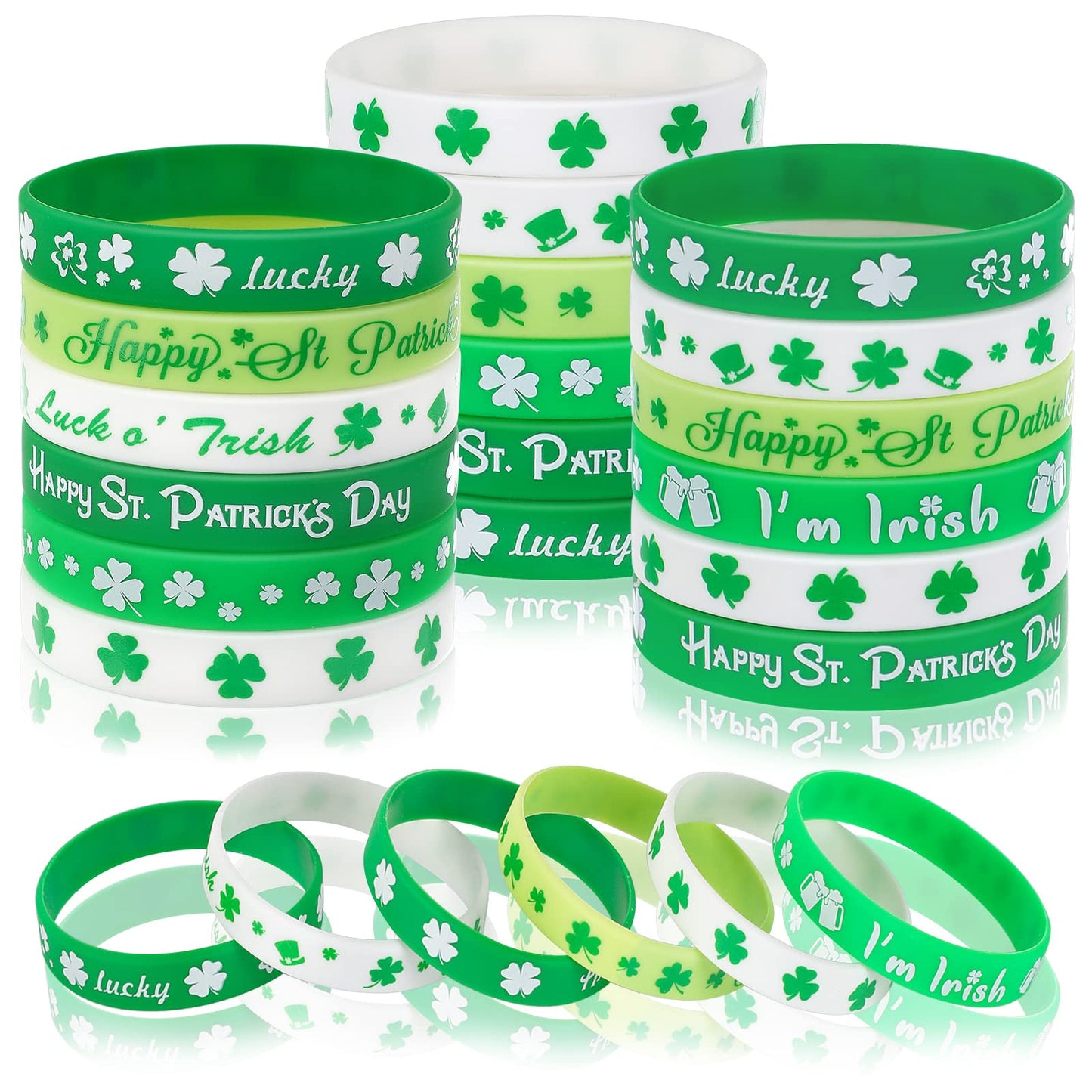Junebrushs 42Pcs St. Patrick'S Day Silicone Bracelets, Green Shamrock Rubber Wristbands For Kids Adults St.Patrick'S Day Party Ireland, Spring Party Favors Holiday Decorations Gift (6 Designs)
