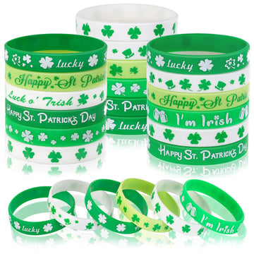 Junebrushs 42Pcs St. Patrick'S Day Silicone Bracelets, Green Shamrock Rubber Wristbands For Kids Adults St.Patrick'S Day Party Ireland, Spring Party Favors Holiday Decorations Gift (6 Designs)