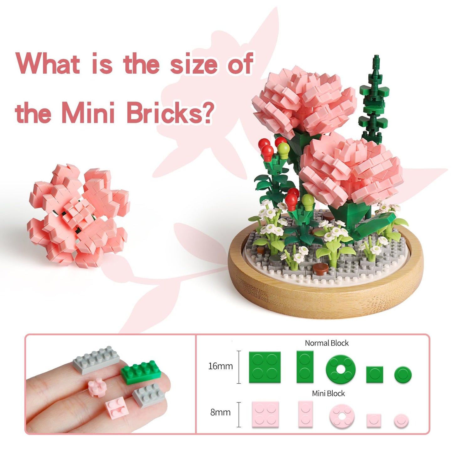 Flower Bouquets Building Sets, Pink Rose Bonsai Tree Botanical Collection With Display Case, Mini Gift Kits For Adults Teens 12+ Girls Women (675Pcs Micro Blocks)