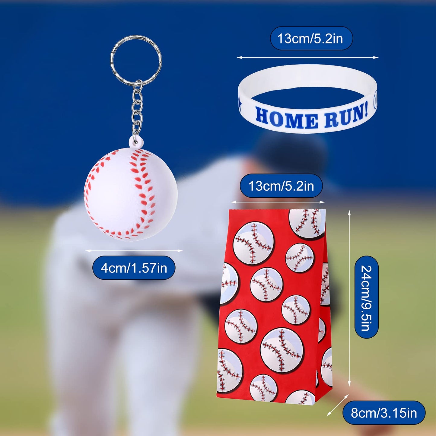 Yaomiao 36 Pieces Baseball Party Favors Set, Include 12 Baseball Treat Bags 12 Mini Baseball Keychains 12 Silicone Baseball Brac
