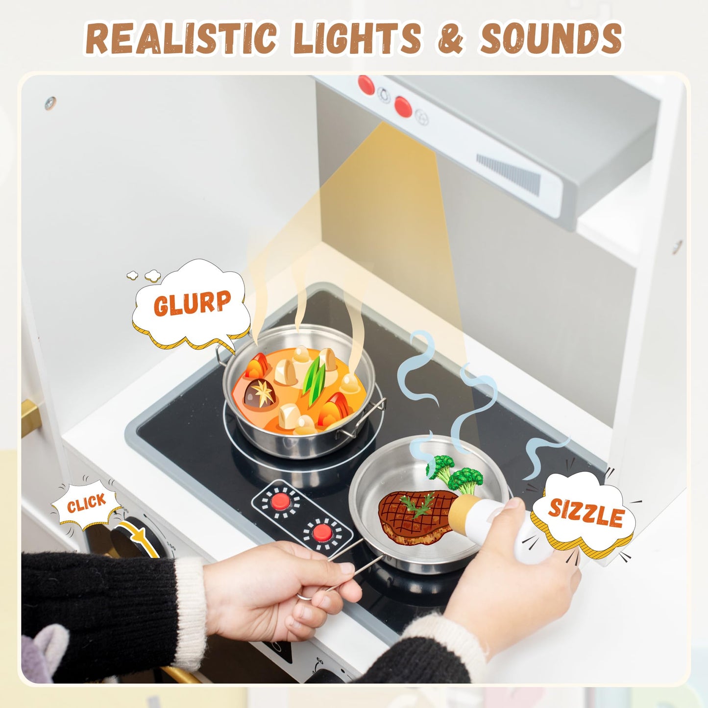 Interactive Wooden Toy Play Kitchen Playset For Kids - Realistic Lights & Sounds, Corner Design With 8 Accessories, Gift For Gir