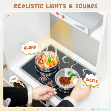 Interactive Wooden Toy Play Kitchen Playset For Kids - Realistic Lights & Sounds, Corner Design With 8 Accessories, Gift For Gir
